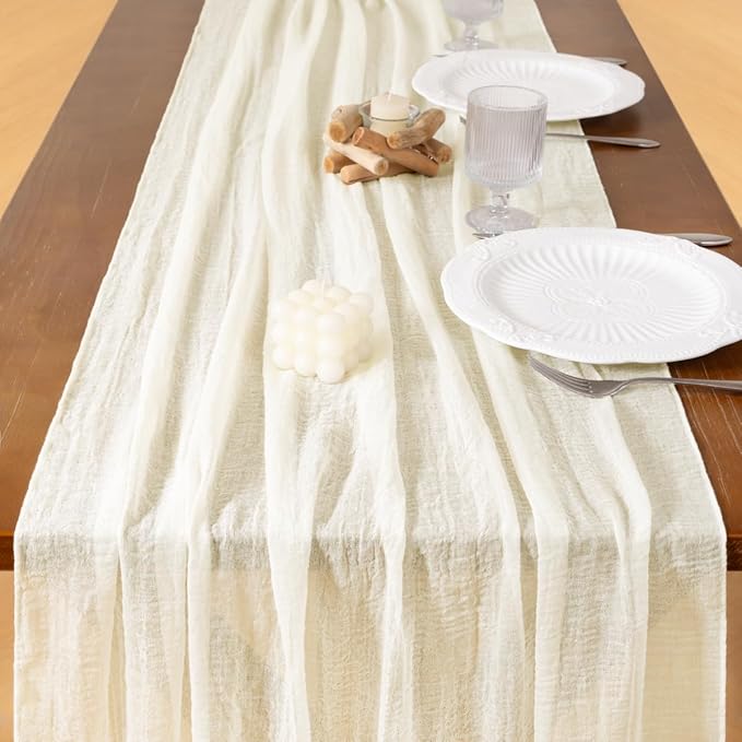 Socomi Ivory White Cheesecloth Table Runner Easter Spring Gauze 120 Inch Rustic Boho Cheese Cloth Runner for Wedding Party Baby Bridal Shower Centerpiece Decoration Holiday Home Decorations