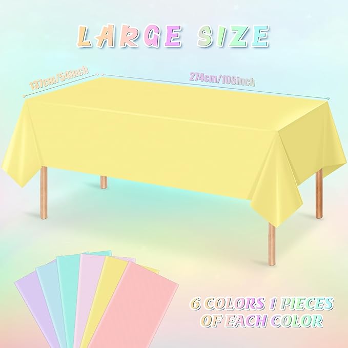 6Pcs Pastel Tablecloths, Rainbow Mix Color Plastic Tablecloth Disposable Rectangle Table Covers for Baby Shower,Bridal,Wedding, Easter,Birthday and Ice Cream Party Decoration, 54 x 108 Inch