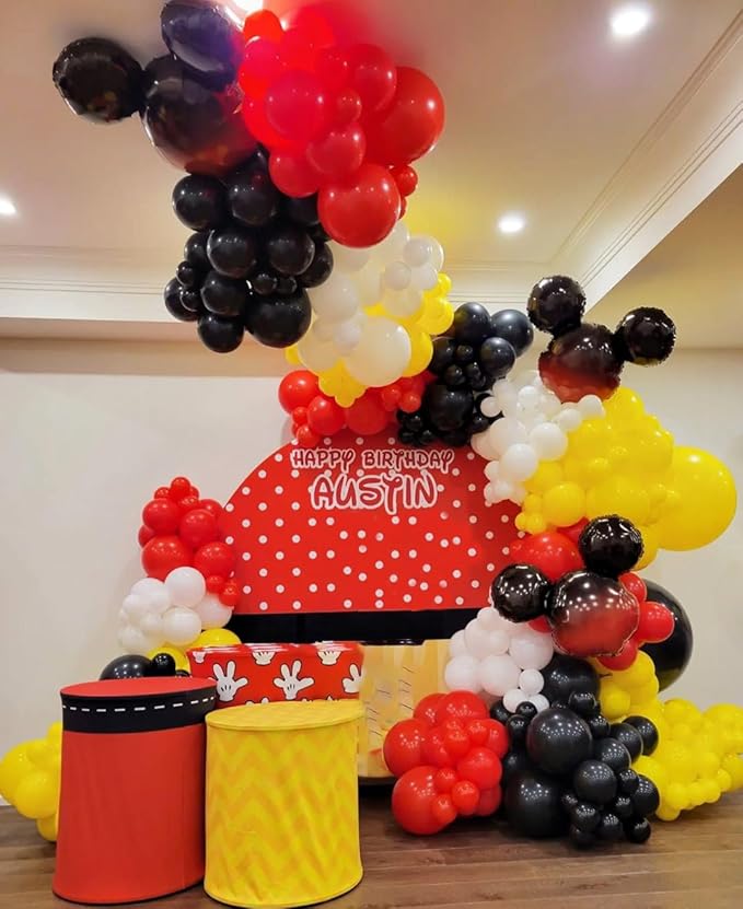 Red Yellow Black Balloons Garland Arch Kit, Mouse Party Decorations with 144pcs Different Sizes Latex Party Balloons for Baby Shower Wedding Backdrop Cartoon Game Theme Birthday Party Decorations