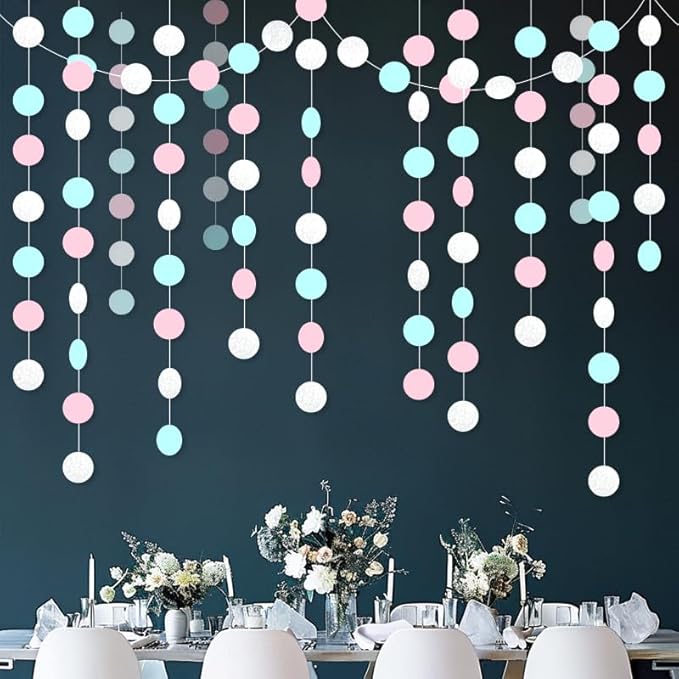 Macaron Circle Dots Hanging Garland White Blue Pink Circle Dots Hanging Streamer Macaron Bunting Banner Backdrop for Wedding Baby Shower Birthday Xmas Decor 40 Feet