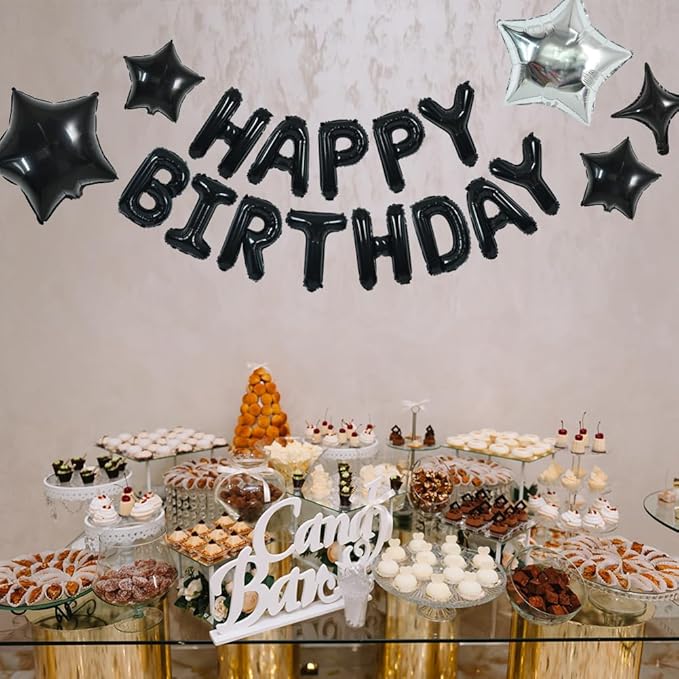 TONIFUL 35PCS Black Happy Birthday Decorations Kit 16 Inch Happy Birthday Balloon Banner with Star Balloons Mylar Foil Birthday Party Decorations Supplies for Men Women Adults Girls Boys Kids
