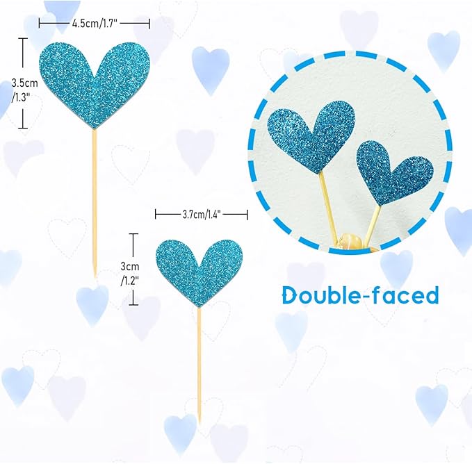 24Pcs Glitter Heart Cupcake Toppers for Valentine's Day Decorations, Mixed Size Double-Sided Heart Valentine's Day Cupcake Toppers for Wedding Bridal Shower Party Decorations (Blue)