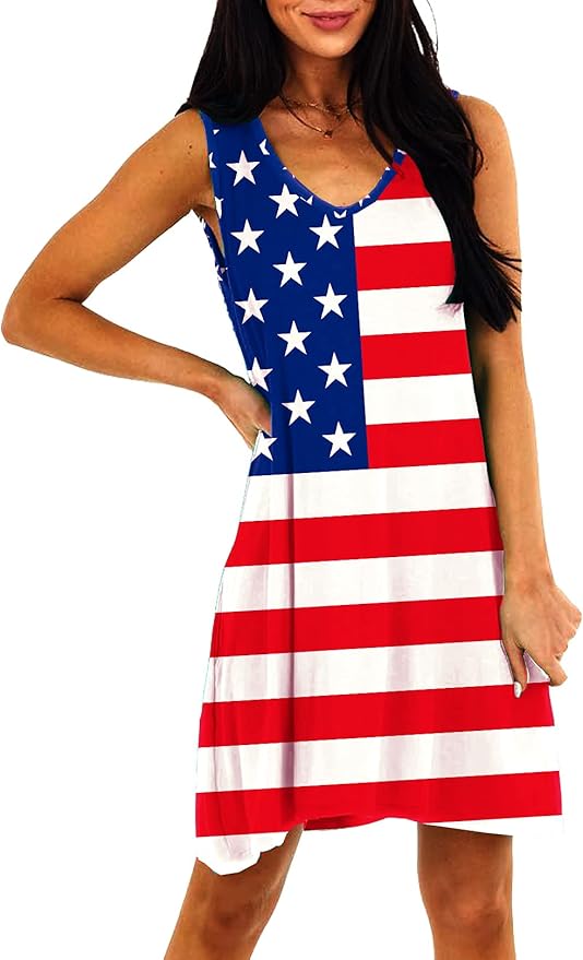 Deerose Women 4th of July Sleeeveless Dress Patriotic V Neck Tank Dresses with Pockets