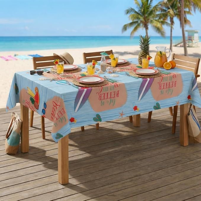 Party Dimensions Beach Party Plastic Tablecloth, Disposable Rectangle Table Cover, Life is Better at the Beach Design, 54" x 108", 12-Pack