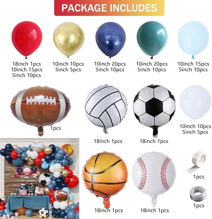 Dusty Blue Sport Theme Birthday Party Balloons Garland Arch Kit with 149pcs Football Vollyball Soccer Baseball Basketball Party Balloons for Sport Favor Theme Birthday Party Decorations (Colorful)