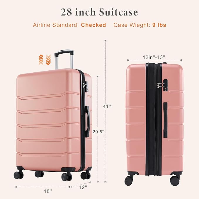 Sweetcrispy Carry on Suitcase, Luggage with Spinner Wheels, Hard Shell ABS, TSA Lock, 28 Inch Pink