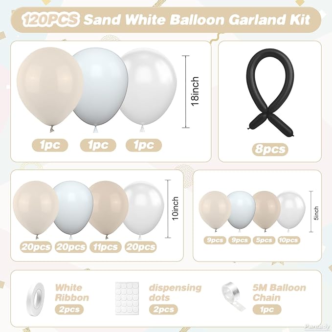White Balloon Garland Arch Kit, 120pcs Sand White Balloon Arch Kit, Double Stuffed and Pearl Balloon with Black Long Balloons Different Sizes for Boho Birthday Wedding Baby Shower Party Decorations