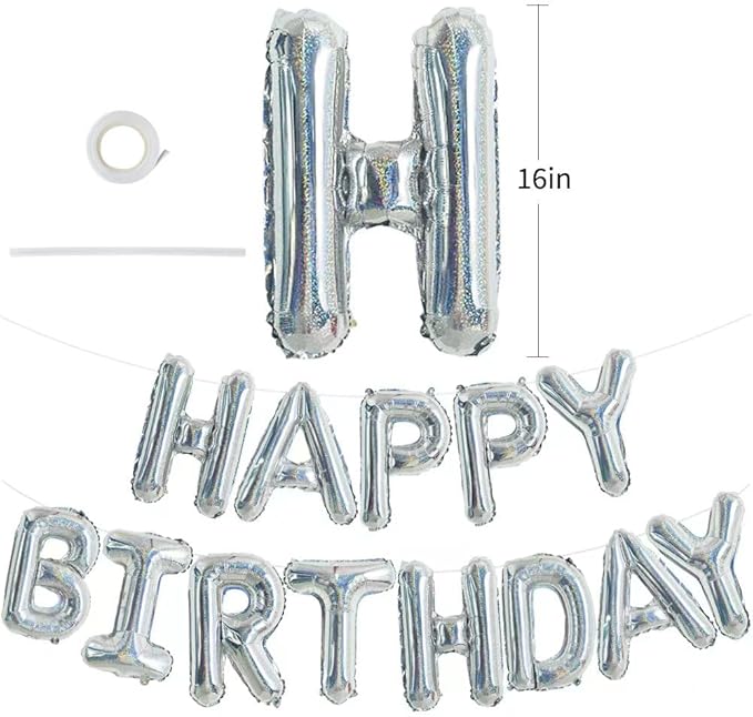 TONIFUL Laser Silver Happy Birthday Balloon Banner 16 Inch Mylar Foil Letters Birthday Sign Bunting Reusable for Girls Boys Kids & Adults Birthday Decorations and Party Supplies