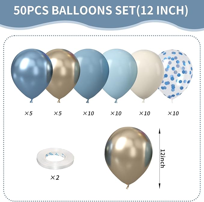 Dusty Baby Blue Balloons, 50Pcs 12 Inch Light Blue White Metallic Gold Confetti Birthday Balloons for Boy Baby Shower Birthday Party Wedding Anniversary Bridal Engagement Graduation Decorations