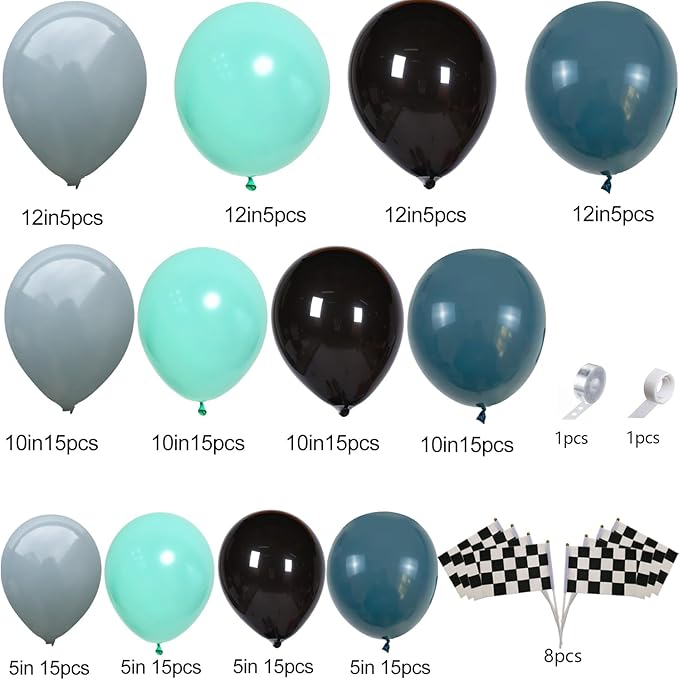 Race Car Balloon Garland Arch Kit 154PCS Dusty Blue Black Latex Balloon Wheel Checkered Foil Balloons for Race Car Baby Shower Party Two Fast Birthday Party Decorations