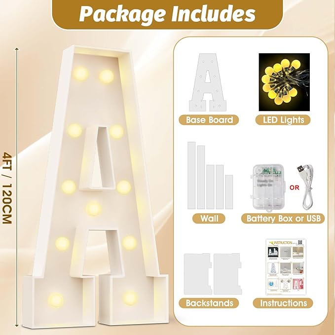 Ledido 4FT Marquee Light Up Letters A, Easy to Assemble Marquee Letters 4 Feet Tall for Indoor & Outdoor Events, Large Lighted Letter for Birthday Graduation Baby Shower Anniversary Party Decorations