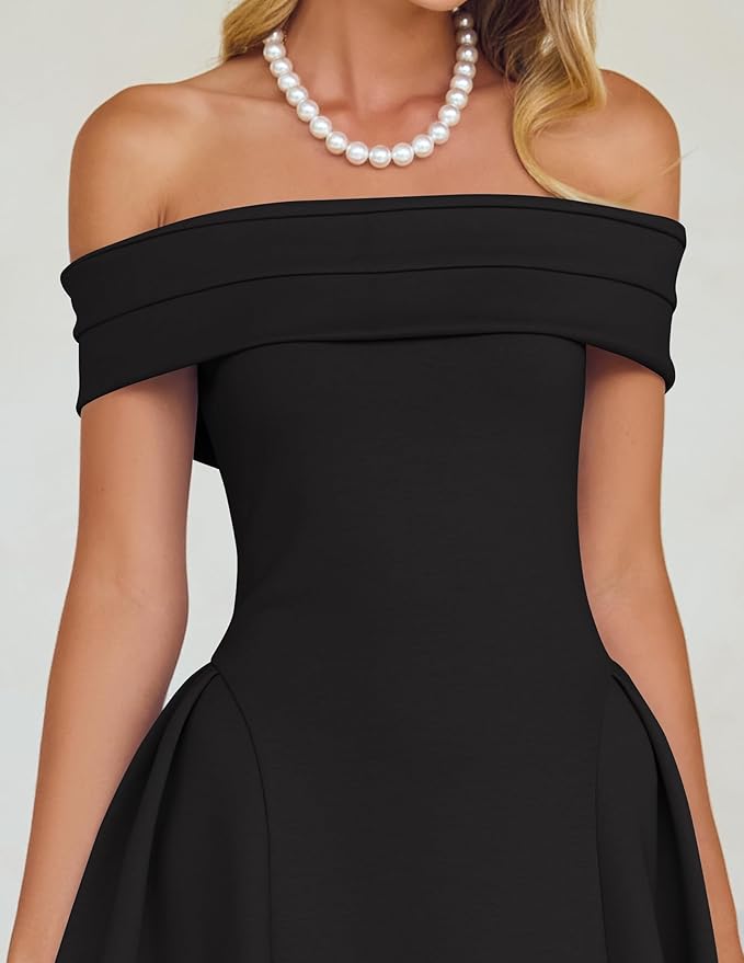 ZESICA Summer 2026 Cocktail Dresses for Women's Off Shoulder Short Sleeve Swing A Line Wedding Evening Party Midi Dress
