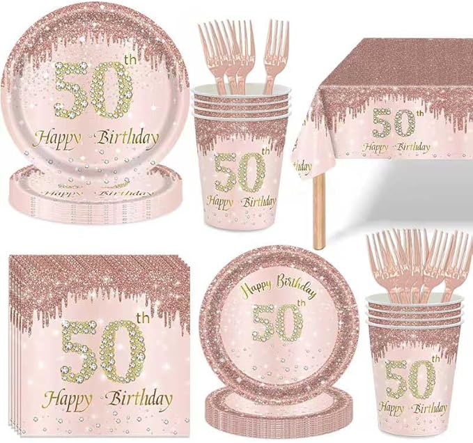 121Pcs 50th Birthday Party Supplies Plates Napkins Cups Forks Tablecloth Rose Gold Happy 50th Birthday Themed Disposable Tableware Decorations Serves 24 Guests for Women Ladies 50 Years Old Birthday