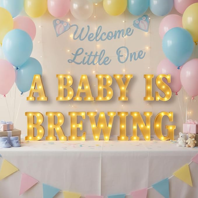 Honoson 14 Pcs a Baby Is Brewing Baby Shower Party Decorations, LED Letter Lights Sign, Table Decor for Gender Reveal, Welcome Boy or Girl, Diaper Party Supplies