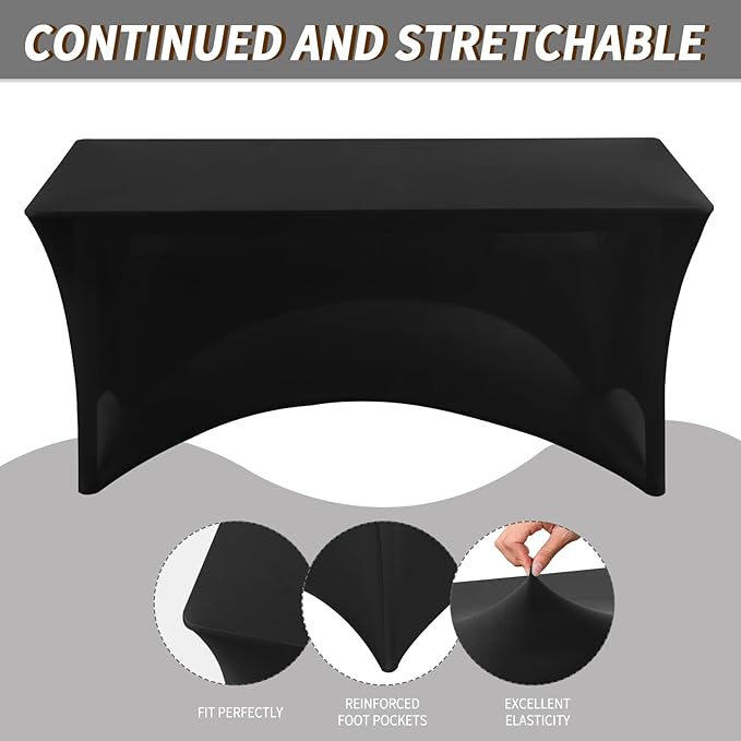 Fixwal Table Cloths for 8 Foot Rectangle Tables, 2 Pack, Black Table Cloths Rectangle 8FT, Fitted Tablecloth, Stretch Spandex Table Cover (96L x 30W x 30H Inch)