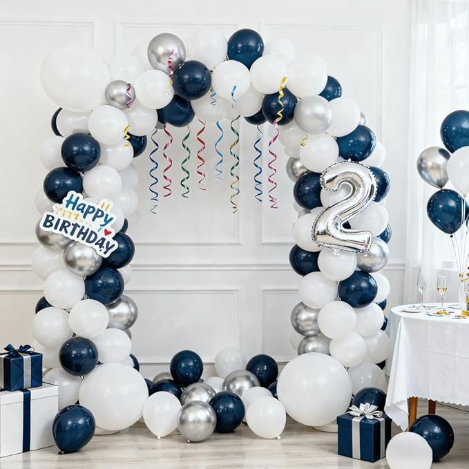 300 Pcs White Navy Blue and Silver Balloons 12 Inch Latex Assorted Color Bulk Balloon for Graduation Ceremony Birthdays Weddings Party Decorations