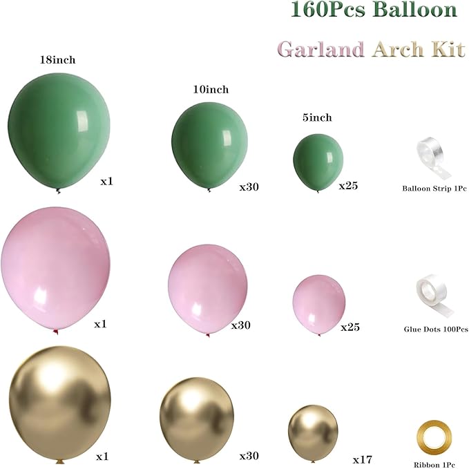 Spring Balloon Garland Arch Kit 160Pcs Sage Green Pink and Gold Latex Balloons for Baby in Bloom Baby Shower Bridal Shower Wedding Jungle Safari Woodland Birthday Party Decorations
