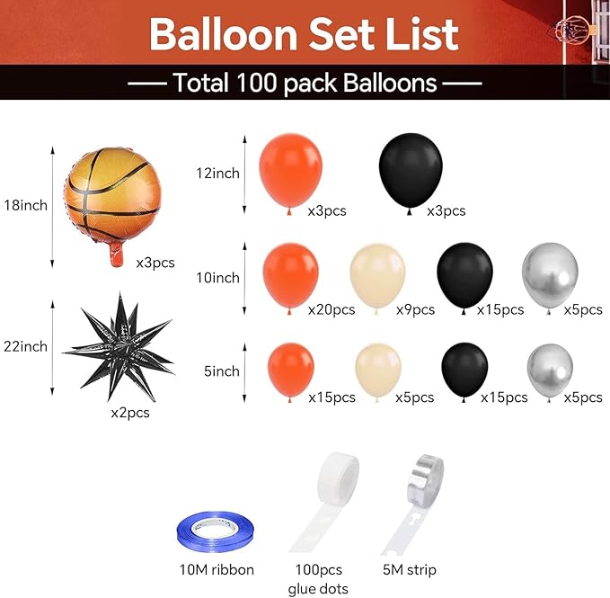 Basketball Balloon Arch Kit, 103 PCS Basketball Party Decorative Balloons, Orange Black Metal Silver Balloons, Suitable for Boys' Birthday, Baby Shower Party, Sports Theme Decor