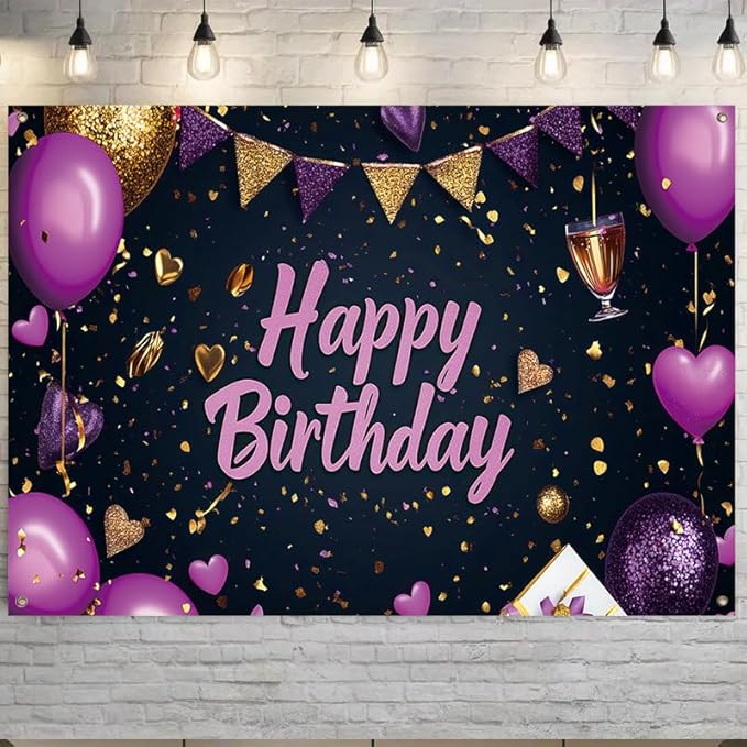 71x43 in Purple and Gold Birthday Party Backdrop, Happy Birthday Banner Decoration, Balloon Party Photography Backdrop, Suitable for Children, Adults, Girls, Ladies, Birthday Party Photo Setup Supplies