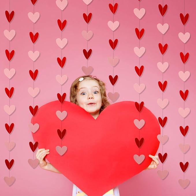 8 Pack Valentines Day Heart Garland Red and Pink, Valentine's Day Hanging Heart Garland Hanging Heart Valentines Garland Decorations for Happy Valentine's Day Party Decorations (NO DIY)