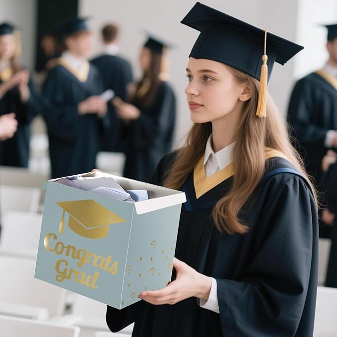 Graduation Card Box Holder, Congrats Grad Foldable Cardboard Decorations Box for Graduation Party Decoration and Grad Parties (Breyish Blue)