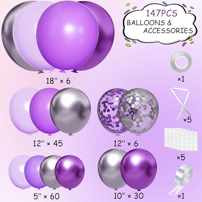 Purple Silver Balloon Arch Kit, 147PCS Pastel Purple Matte Lavender Violet Metallic Lilac Silver Confetti Balloons Garland for Baby Girl Princess Party Birthday