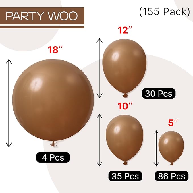 PartyWoo Brown Balloons 155pcs Different Sizes of 18 12 10 5 Inch Boho Neutral Fall Coffee Tan Balloons Arch Kit Garland for Birthday Boy Baby Shower Jungle Safari Fall Party Decorations Brown-F09