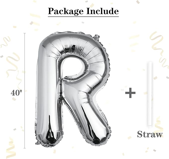 40 inch Silver Letter R Balloon, Big Size Alphabet Foil Mylar Helium Balloons for Birthday Party Celebration Wedding Anniversary Baby Shower Decorations Supplies Alphabet R