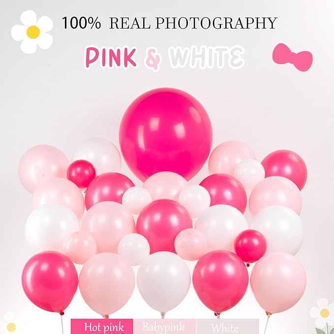 Hot Pink and White Daisy Bow Balloon140pcs with DIY Bow Daisy Balloons for Cute Cartoon Birthday Girl Bow theme Baby Shower Party Coquette birthday decorations