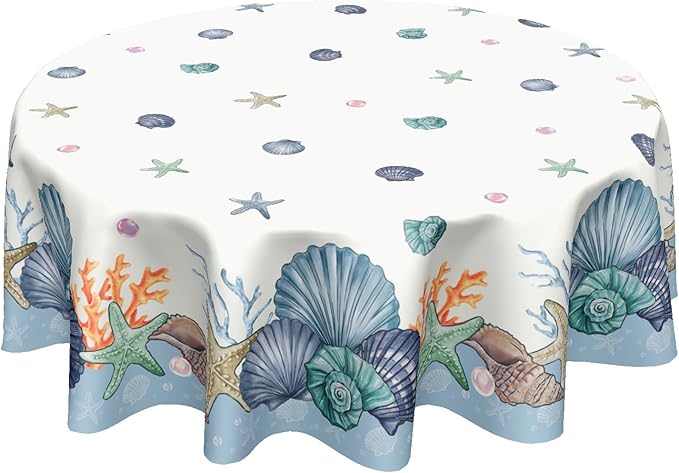 Summer Nautical Coastal Round Tablecloth 60 Inch Coral Shells Starfish Circle Table Cloth Blue Table Cover Washable Polyester Decorations for Kitchen Dinning Room Party
