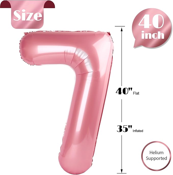 Pearlescent Pink 7 Balloon, Number Balloons 40 Inch, 7th Birthday Decorations for Girls Kids, Party Decoration for Women, Number 7 Balloon