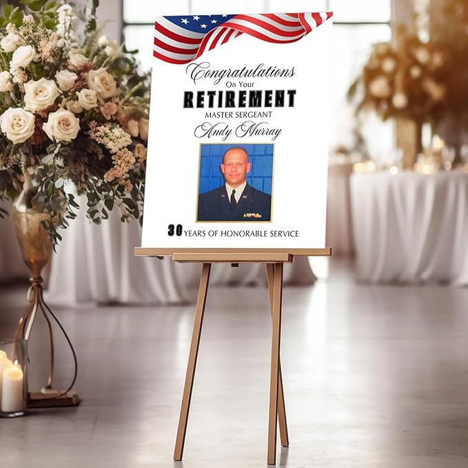Custom Patriotic Military Retirement Party Welcome Sign - Personalized Army Retirement Celebration Welcome Poster - American Flag Theme Decor - Indoor/Outdoor Use - Multisizes