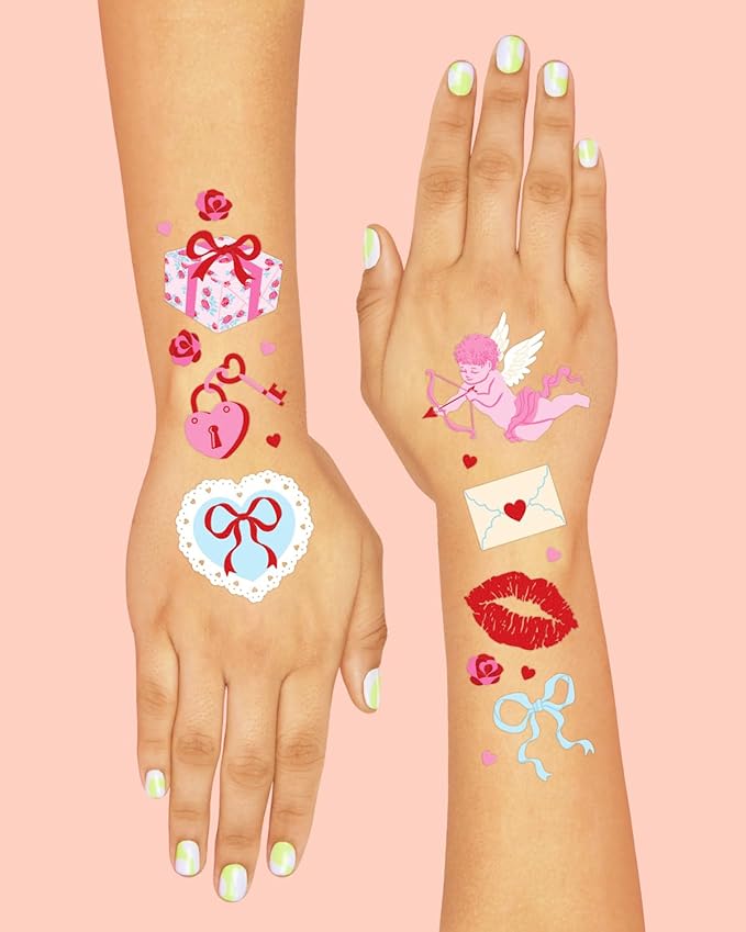 xo, Fetti Valentine Temporary Tattoos - 48 designs, 2 sheets | Pink and Red Hearts, Love Theme, Classroom Favors, Party Supplies, Kids Valentines, Galentines Gifts, Girly Glam