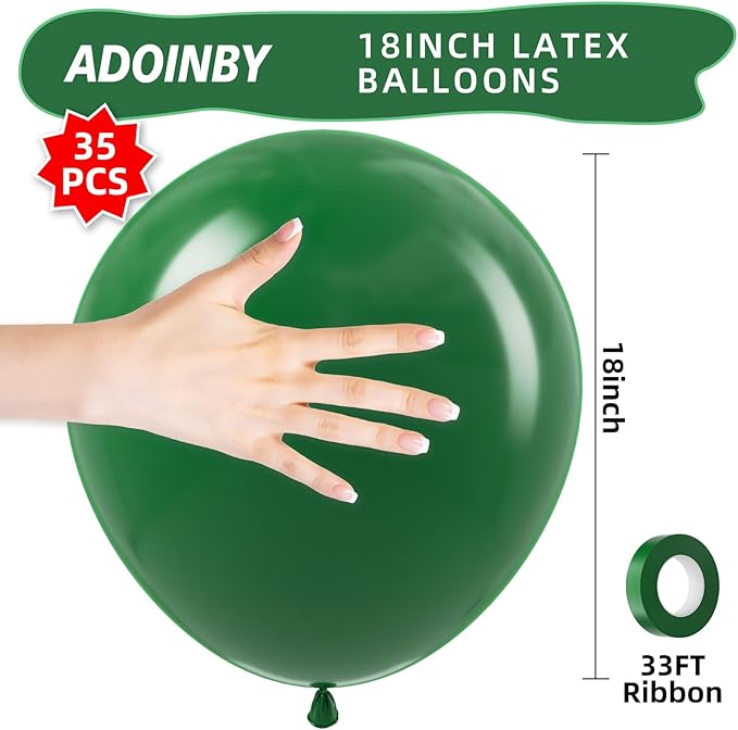 18 Inch Emerald Green Large Balloons - 35Pcs Thick Hunter Green Balloons Big Round Dark Green Latex Party Balloons for Birthday Anniversary Baby Shower Gender Reveal Themed Party Decorations