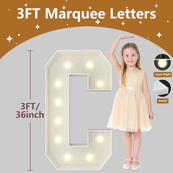 3FT Marquee Light Up Letters, Large Marquee Letters, Pre-cut Foam Board Letter C for Engagement Wedding Decorations Birthday Party Backdrop Decor, Balloon Arch Kit