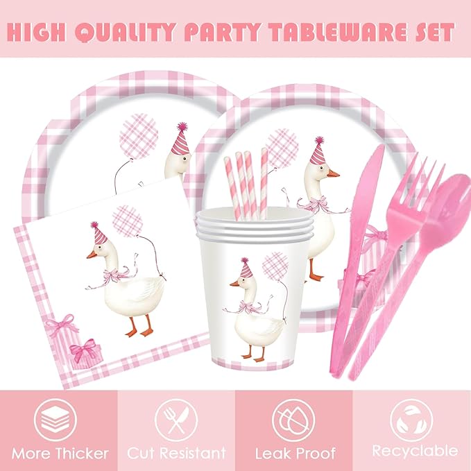 194 Pcs One Silly Goose Birthday Decor for 24 Guests - Pink Theme Party Supplies with Plates Napkins Cutlery Tablecloth and Banner, All-in-One Disposable Party Kit for Girls' Birthday