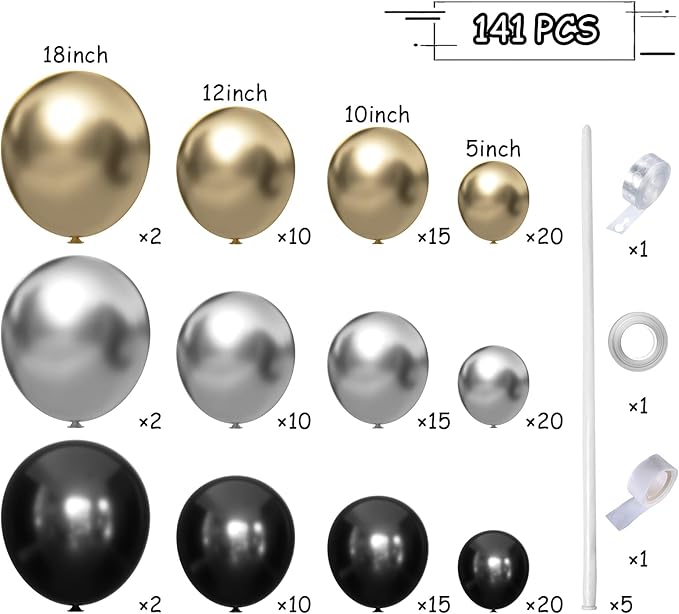 Black Gold Silver Balloons Garland Arch Kit, 141Pcs Latex Balloons Different Sizes 18 12 10 5 Inch for Party Decorations, Wedding Backdrop, Birthday, Baby Shower, Graduation
