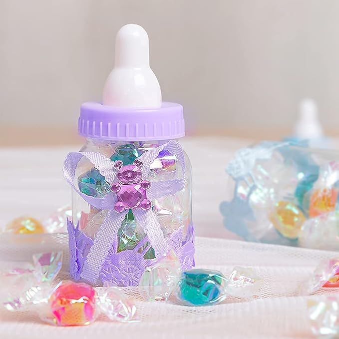MACTING 2 Dozens 3.5 Inch Feeding Bottle Candy Box with 5Pcs Artificial Flower Rose for Baby Shower Favor Gift Decoration (Purple)