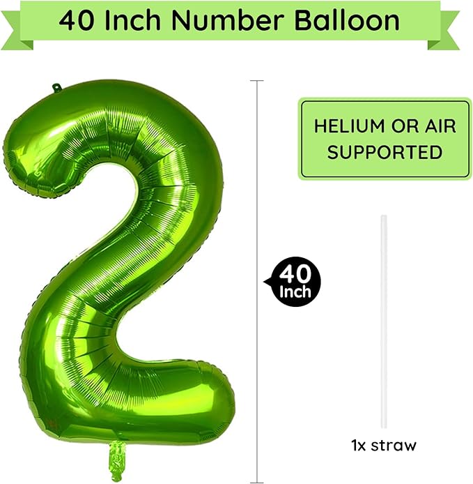 40 Inch Green Number Balloon 2, Large Number Foil Balloons Mylar for Girl Boy Birthday Party Celebration Decorations Supplies, Digital Balloons for Wedding Anniversary Events Decorations