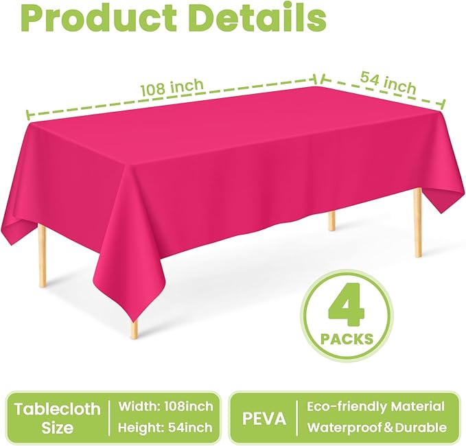 Mulbozy Hot Pink Plastic Table Cloth Disposable 4 Pack, 54 × 108 Inch Tablecloths Rectangle, Dark Pink Plastic Table Cover for Party Decor