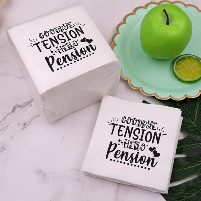 Retirement Cocktail Napkins Party Napkins Beverage Napkins Bar Napkins Disposable Paper Novelty Humorous Gag Gift 100Pcs 4.5 x 4.5 13-ply (Goodby Tension Hello Pension)