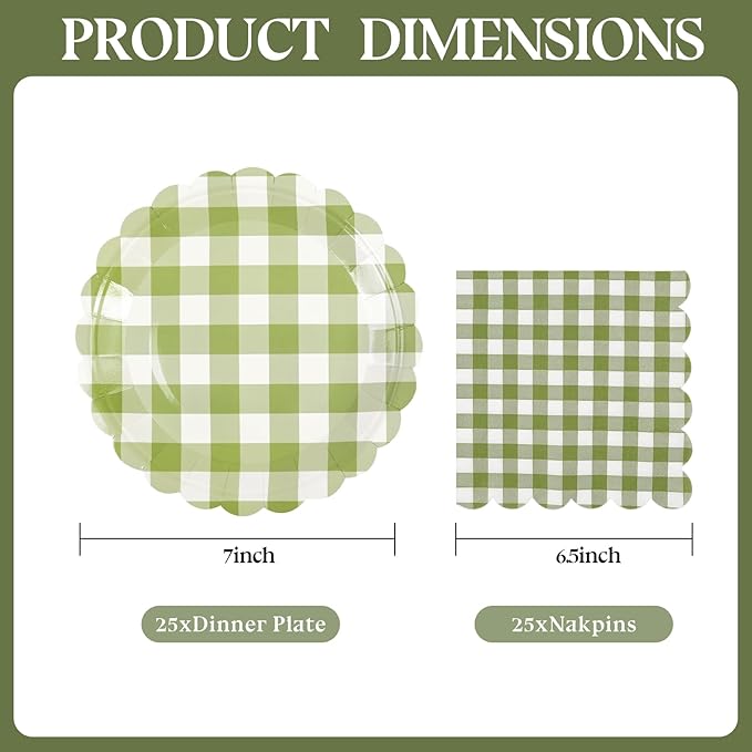 50PCS Sage Green Gingham Party Supplies - 7Inch Sage Green Scalloped Dessert Paper Plates and Napkins Set Disposable Plaid Dinner Party Set Cutlery for Baby Shower Birthday Wedding, Serve 25