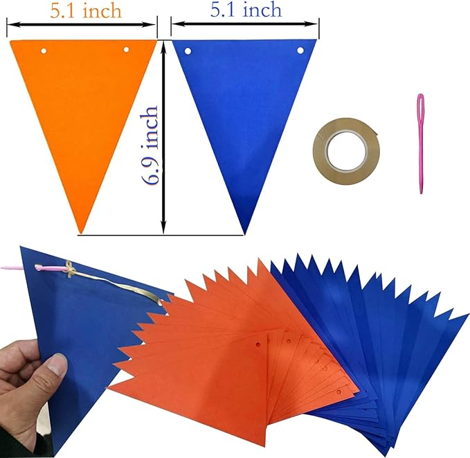 Navy Blue and Orange Pennant Banner 3 Pack Paper Triangle Flag Hanging Decoration for Wedding Birthday Baby Shower Halloween Family Party（36pcs Triangle Flag）