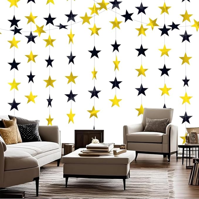 Black Gold Shining Star Hanging Garland Black Gold Hanging Sparkling Star Streamer Glitter Bunting Banner Twinkle Backdrop for Wedding Baby Shower Birthday Decorations 40 Feet