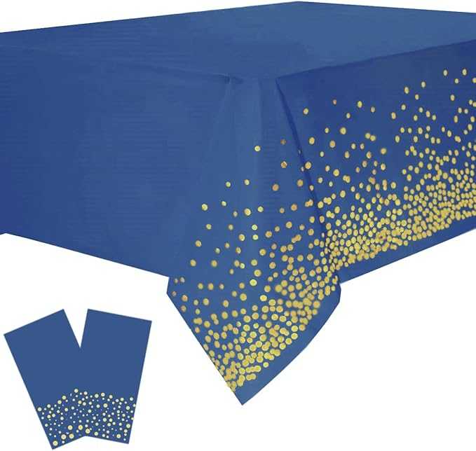 Yancorp 2 Pack Plastic Tablecloth Disposable Navy Blue Gold Tablecloth for Rectangle Tables 54" x 108" Party Decorations Birthday Thanksgiving Christmas Wedding Outdoor BBQ Picnic