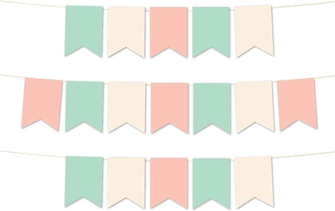 Andaz Press Hanging Pennant Banner with String, Mint Green, Ivory, Peach, 1-Set, 24 Pennants, Approx. 12-Feet Long, Girl's 1st Birthday Baptism Communion Theme Colored Supplies