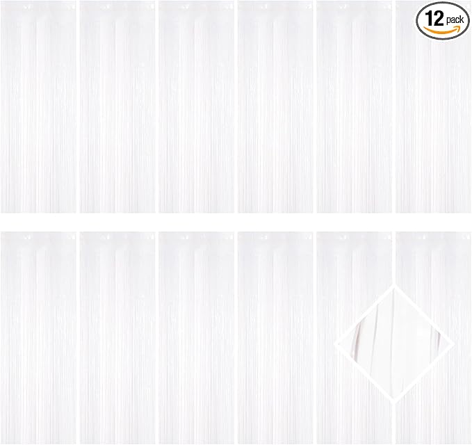 12 Pack White Foil Curtain Backdrop 3.2ft x 6.6ft Metallic Tinsel Fringe Backdrop Curtains Streamer Photo Booth Backdrop for Birthday Engagement Bachelorette Christmas Holiday Party Decorations
