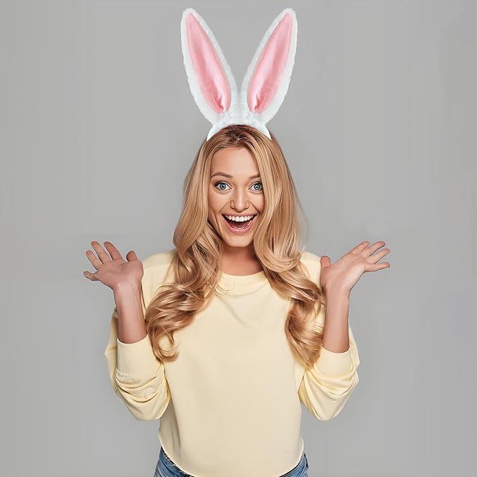 IGMaryBox Furry Bunny Ears Headband and Tail Plush Rabbit Ears Headband White Bunny Ear Hairband for Adult Women Easter Rabbit Costume Headwear Halloween Party