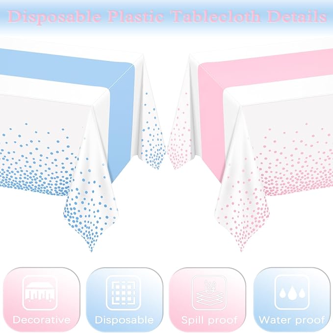 WNINK 4 Pack Pink and Blue Tablecloths, Gender Reveal Disposable Plastic Waterproof Table Cover for Boy or Girl Gender Reveal Party, Baby Shower, Birthday Party Decorations 54" x 108"