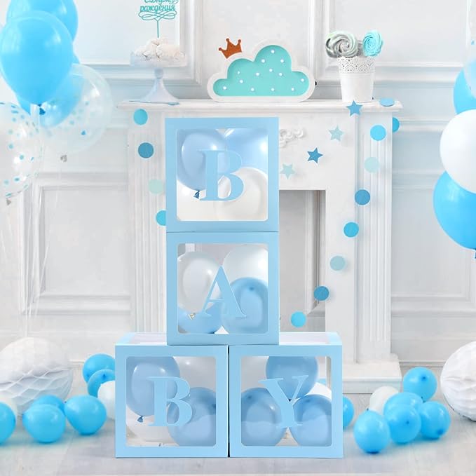 Baby Boxes with Letters for Baby Shower, 4 Transparent Balloon Boxes with Letters for Gender Reveal Birthday Wedding Baby Shower Decorations (Blue)